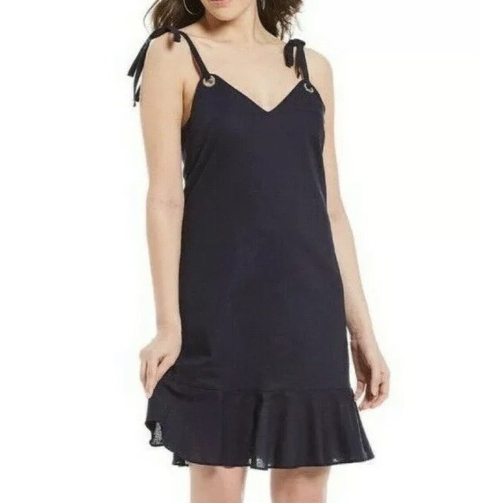 Gianni Bini NWT Navy Blue Nancy Sundress Linen/Cotton Strap Ties Grommet Size L